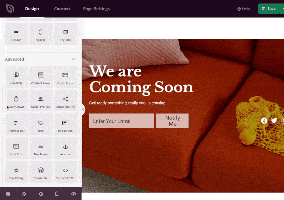 Example of dragging a countdown timer block onto a coming soon page in WordPress