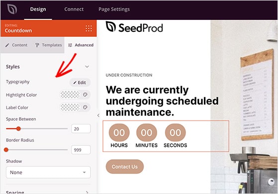 Advanced style settings for SeedProd blocks including spacing and shadow