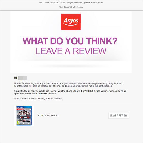 Review request email from Argos showing timing strategy to get more reviews