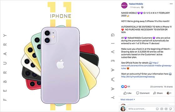 Facebook giveaway post example from Naked Mobile offering iPhone prize