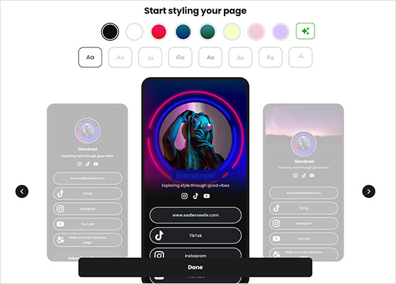 Beacons link in bio page interface and setup