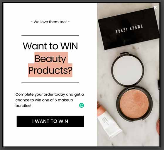 Beauty product giveaway popup triggered on cart exit