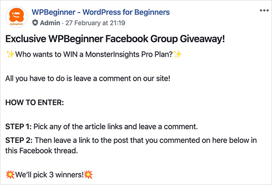 Facebook contest example asking users to comment on blog posts