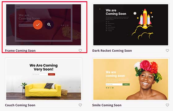 Selecting a coming soon template design in SeedProd’s visual builder