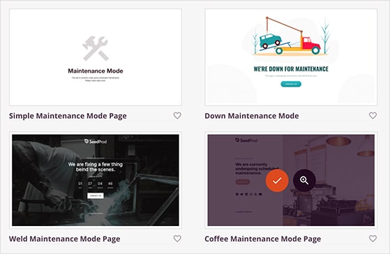 Selecting a maintenance page template in SeedProd