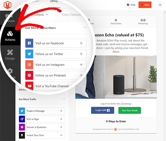 Select contest entry actions like joining an email list or visiting social media pages.