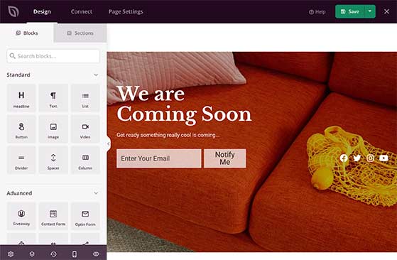 Drag-and-drop blocks available in SeedProd for editing a coming soon page