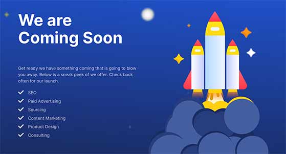 Screenshot of a coming soon page in WordPress with a headline, countdown timer, and email signup form
