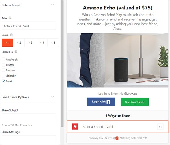 Customize how many entries users get for each contest action and make key steps mandatory.
