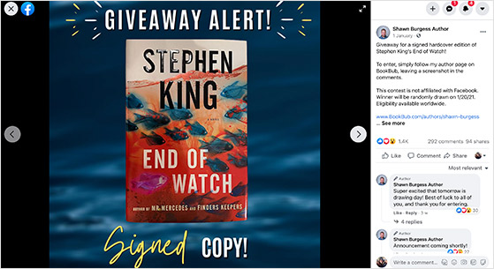 Facebook book giveaway example encouraging follows on BookBub