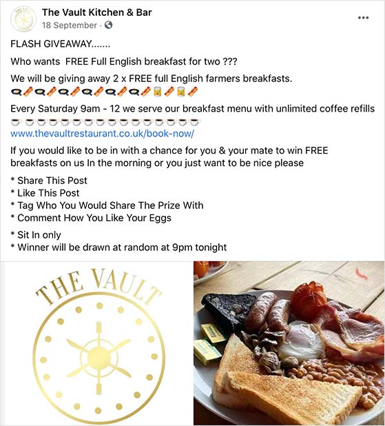 Facebook contest example encouraging likes, comments, and shares