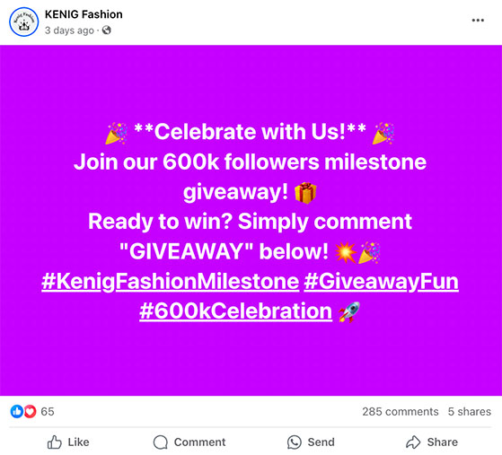 Facebook milestone giveway example