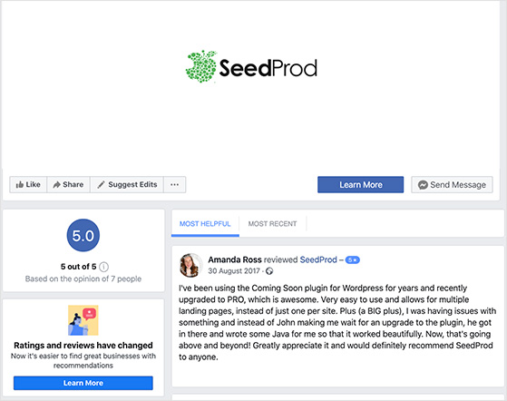 Facebook business page with customer reviews for collecting social proof