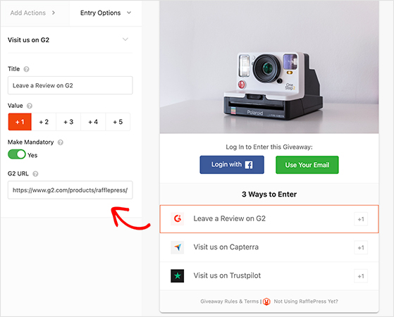 RafflePress entry settings for getting more reviews on G2 with custom title and mandatory action