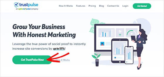 Button on TrustPulse website to sign up for live sales notification plugin