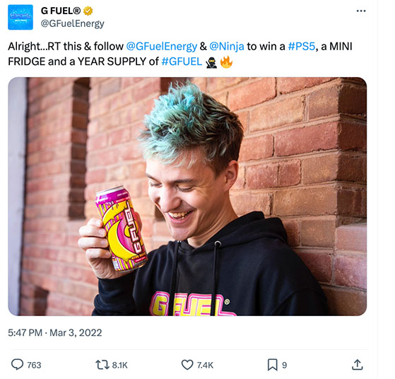 Tweet from G Fuel and Ninja promoting a PS5 giveaway on Twitter