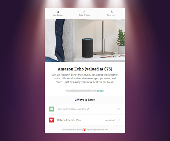 Example of a standalone giveaway landing page built with RafflePress.