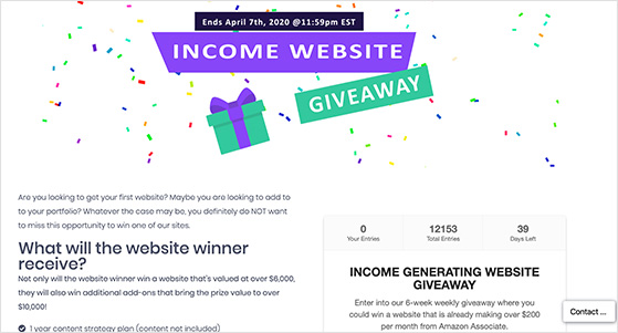 Giveaway landing page from Motion Invest featuring website prize