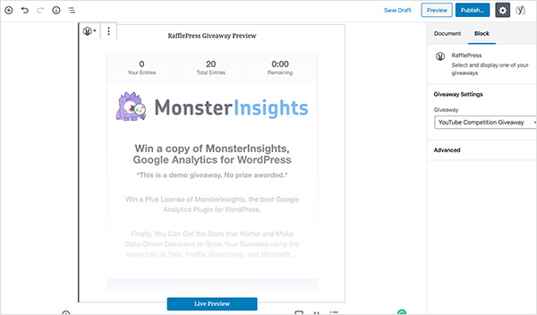 giveaway-in-blog-post - RafflePress Giveaway embedded directly into WordPress post layout