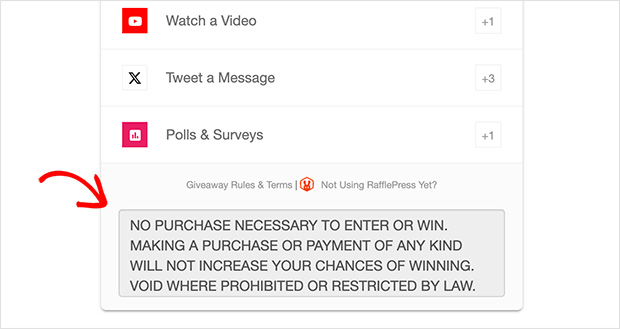 Giveaway form widget displaying rules and terms in-line for participants