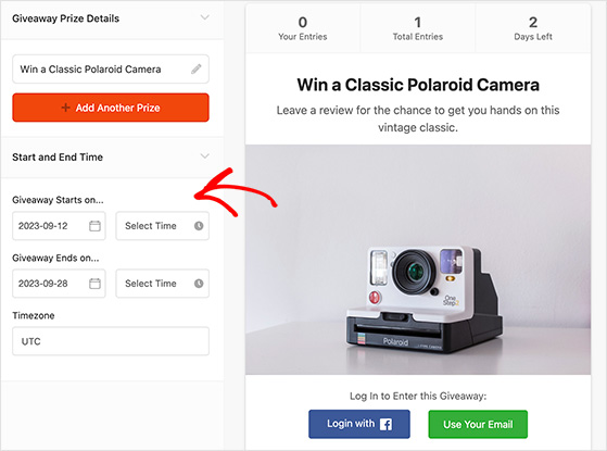 etting giveaway start and end dates in RafflePress dashboard for automated scheduling