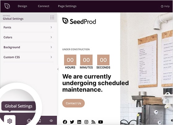 Global design settings panel in SeedProd for colors and fonts