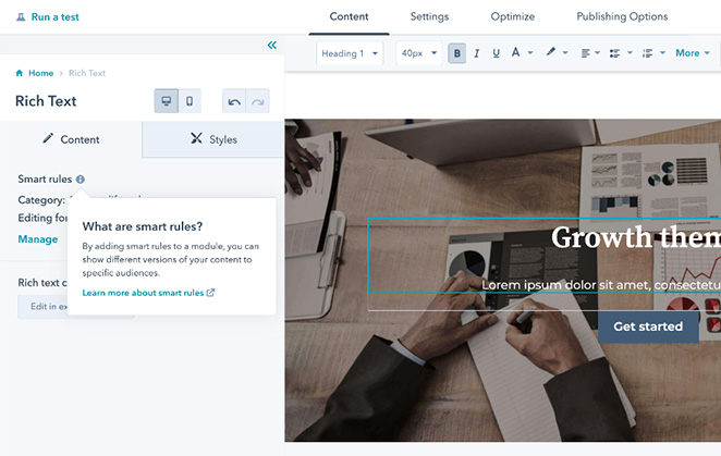 HubSpot personalized landing page builder screen