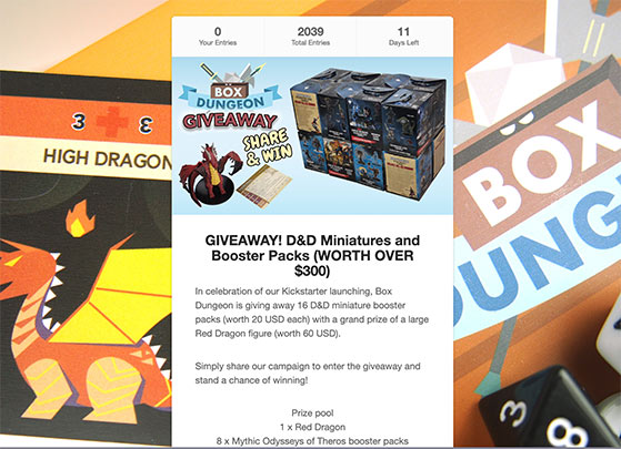 Kickstarter giveaway landing page with prize preview background