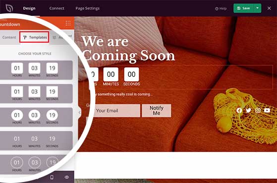 Customization panel showing countdown timer template styles in SeedProd