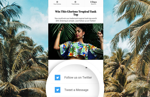 Twitter giveaway landing page with beach-themed product image