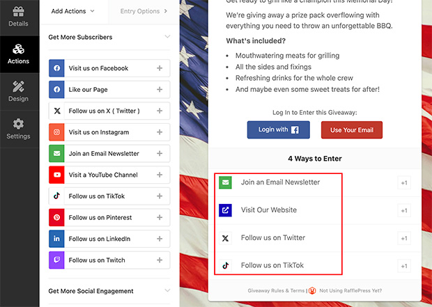 Memorial day giveaway entry actions example in RafflePress