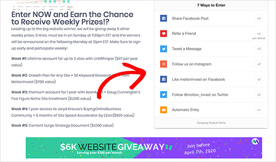 Contest entry options displayed on giveaway landing page