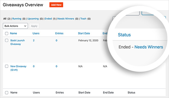 RafflePress admin screen showing giveaway entries ready to pick a winner