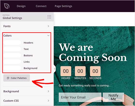SeedProd global color settings for headers, buttons, and backgrounds