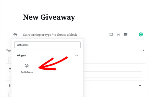 rafflepress-content-block - RafflePress RafflePress block selected in WordPress block editor