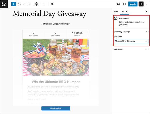 Memorial day giveaway in WordPress post using RafflePress block