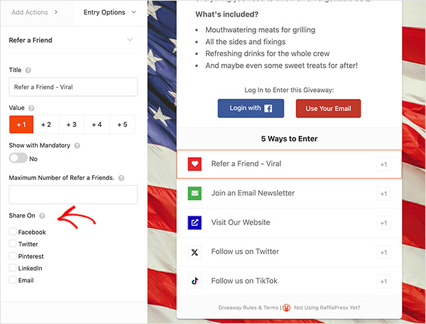 RafflePress refer a friend action settings
