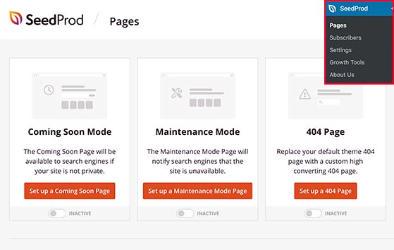 SeedProd dashboard showing Coming Soon, Maintenance, and 404 page options