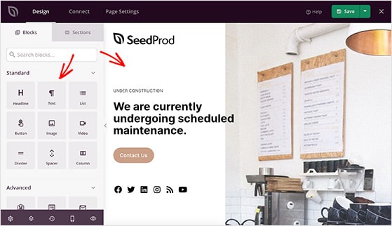 Visual page editor in SeedProd showing live preview and blocks