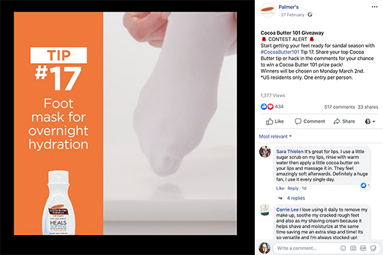 Facebook giveaway asking fans to share skincare tips with cocoa butter
