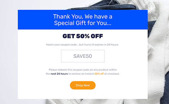 Example thank-you page showing a discount code for a future purchase