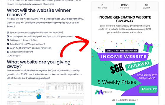 Homepage used as a contest entry page with embedded widget