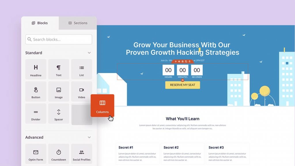 SeedProd visual editor for building a landing page in WordPress