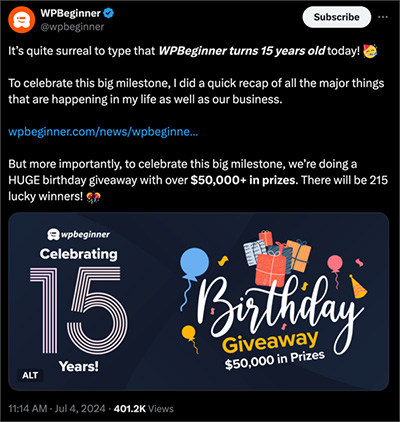 Tweet promoting WPBeginner's 15th birthday giveaway