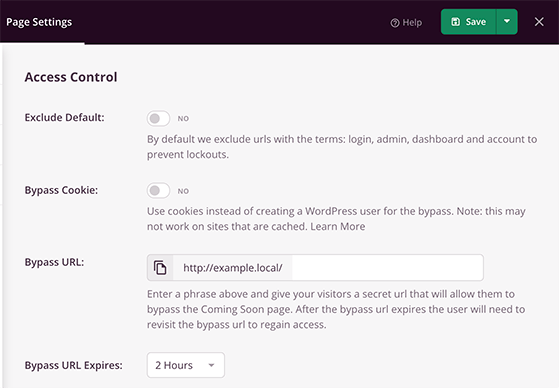Box to include or exclude specific URLs from showing the coming soon page