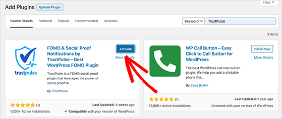 Activate the TrustPulse plugin in WordPress dashboard