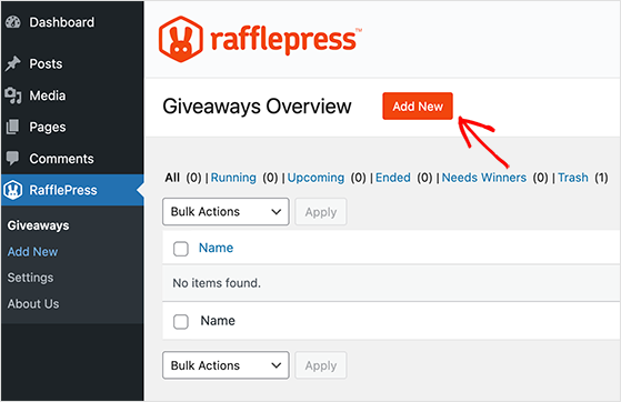 RafflePress dashboard showing the Add New Giveaway screen in WordPress