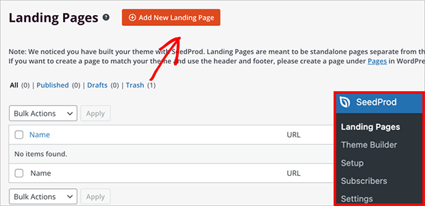 SeedProd dashboard showing how to add a new landing page in WordPress