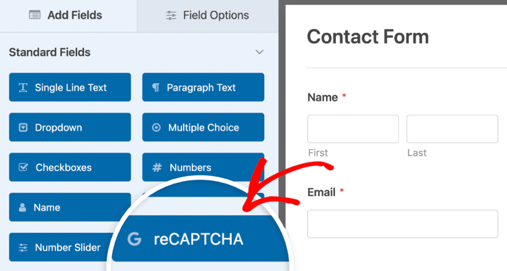 Add the WPForms Recaptcha form field