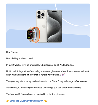 Example of an email promoting the launch of a giveaway